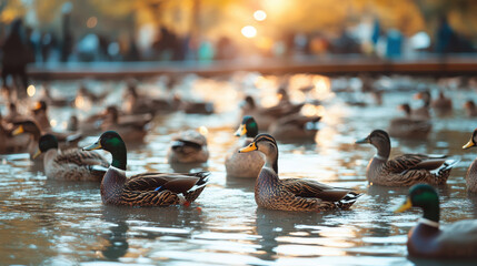 A serene scene of ducks swimming in a pond during sunset.