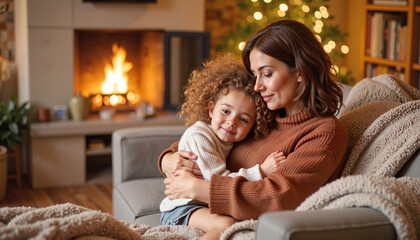 Mother and daughter cuddling by fireplace in cozy home, relationships, peace of mind, harmony, feelings, emotions, joy, happiness, romantic hug, friendly hug