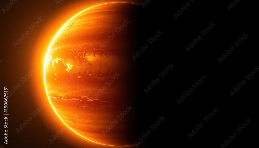 Poster Fiery celestial orb with intense orange atmosphere and half in shadow Ethereal glow and storm patterns