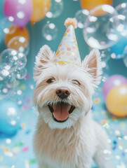 Smiling terrier Dog&rsquo;s Birthday Party &ndash; A Joyful Celebration with a Happy retriever and Festive Decorations