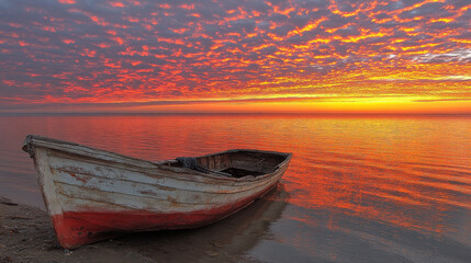 A serene sunset over calm waters with a weathered boat on the shore.