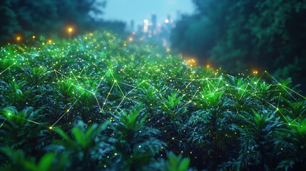 lush green field with interconnected glowing lines represents eco friendly smart technology futuristic cityscape. vibrant greenery contrasts with distant urban skyline, highlighting innovation