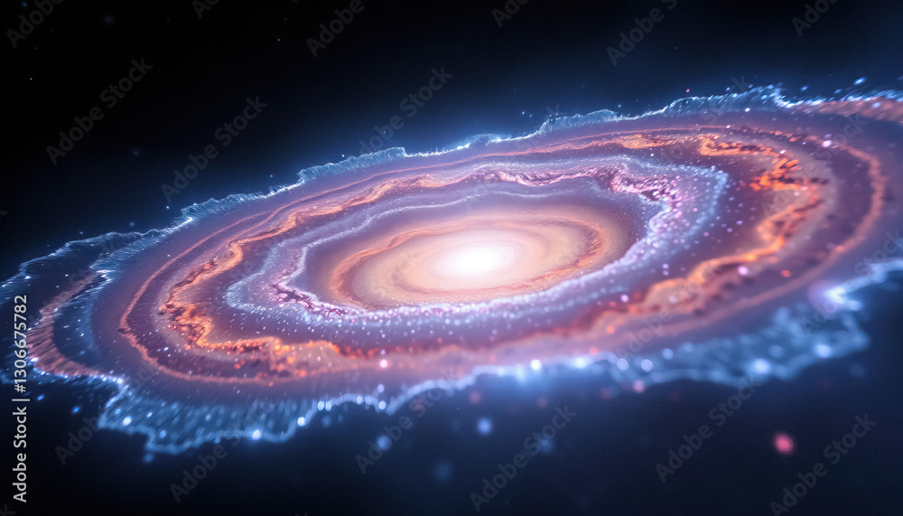 Poster vibrant spiral galaxy shines with bright swirling patterns of color against dark backdrop of space