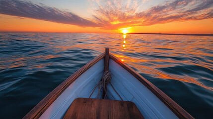 A serene sunset view from the bow of a boat on calm waters.