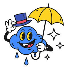 Cloud holding umbrella holding hat and smiles