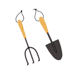 Gardening equipment and tools still life vector illustration. Garden watering can, flowers, shovel, flowerpot with plant, wellies rubber boots icon set isolated on a white background