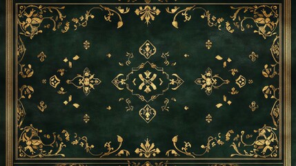Medieval rug pattern in dark forest green with golden symbols, heraldic and historical, intricate and bold, ultra-detailed, 8k
