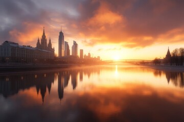 Fototapeta premium A vibrant sunset reflecting on a calm waterfront, showcasing a blend of historical and modern architecture against a backdrop of colorful sky, creating an artistic landscape.