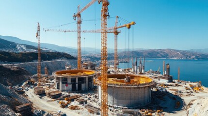 Massive cranes lifting heavy components for a nuclear power plant construction