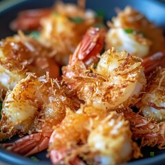 Crispy Golden Brown Shrimp Served on a Black Plate Garnished with Herbs