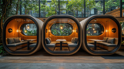 Futuristic coworking space with pod like meeting rooms and lush greenery, creating modern and inviting atmosphere. design features circular structures with warm lighting and comfortable seating