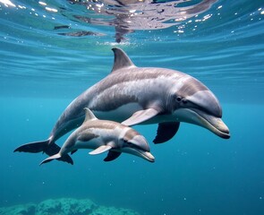Obraz premium A dolphin mother guiding her baby through clear blue ocean waters. Generative AI