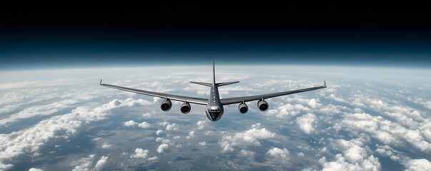 Large commercial jet aircraft soars high above a cloudy sky