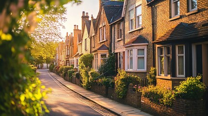 Golden-hour street, terraced houses, English village, sunlight, real estate