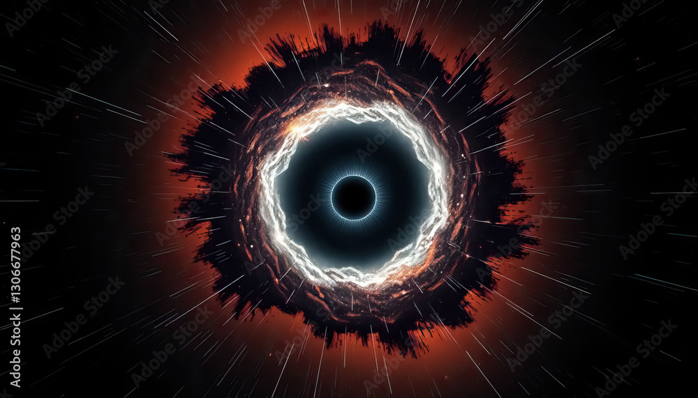 Poster digitally created portal effect shows swirling tunnel of energy with dark center and streaking lines