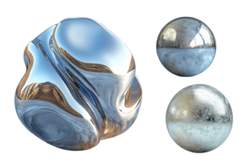 Metalic 3d silver object liquid holographic ball METAL TEXTURE on transparent background 3d element
