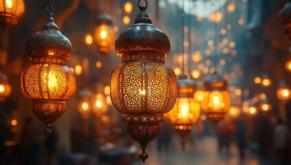 Ornate Lanterns Casting Warm Light in a Bustling Market