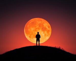 A bearded man dressed in traditional attire stands confidently atop a grassy hill, gazing at a luminous full moon that casts a silvery glow across the landscape, creating a serene atmosphere.