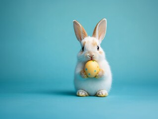 Easter holiday concept. cute baby easter bunny adorable rabbit with easter egg colorful painting on blue background.