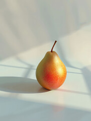 A single pear sits on a surface, illuminated by soft light, casting a gentle shadow.