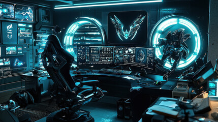 Futuristic home office with advanced technology, featuring multiple screens and neon lighting, creating tech enthusiast dream workspace