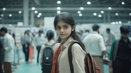 Fototapeta premium Young Girl in Busy Exhibition Hall with Attentive Expression