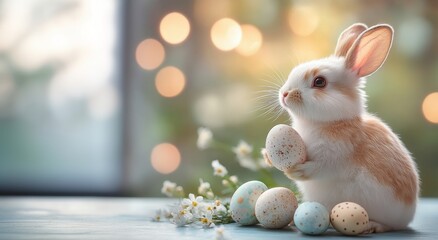 Cute rabbit Easter bunny adorable with easter egg blue pink yellow polkadot vibrant colorful painting in spring floral garden background. Easter holiday concept.