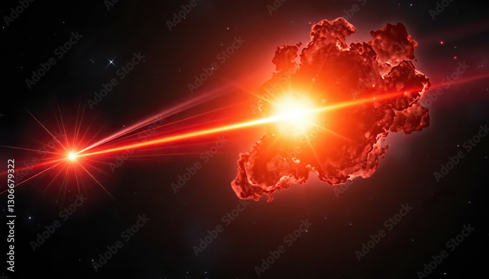 Poster cosmic collision bright red light beams connect brilliant star and nebula in dark expanse of space