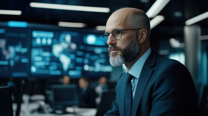 Fototapeta premium Serious Businessman with Beard in Modern Office Environment