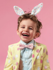 A smiling child wearing bunny ears and a colorful suit against a pink background.