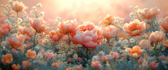Beautiful Soft Pink Peach Flowers In A Field