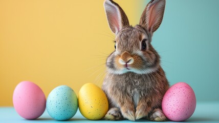 Easter bunny adorable rabbit with easter egg blue pink yellow polkadot painting on colorful background. Easter holiday concept.