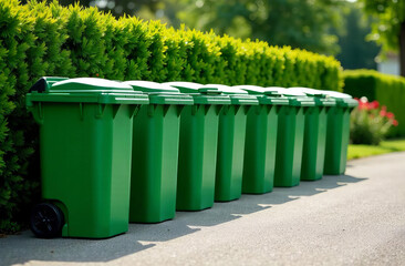 Garbage containers stand in a row in a residential area
