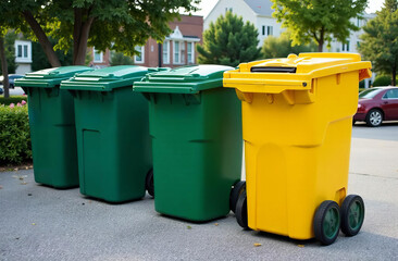 colored trash bins installed in residential area, eco-friendly waste sorting concept