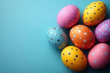 Pattern of happy easter vibrant colorful pink blue yellow and red easter eggs background with copy space.
