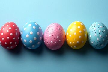 Pattern of happy easter vibrant colorful pink blue yellow and red easter eggs background with copy space.
