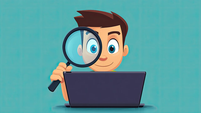 Personnage anim&eacute; avec loupe examinant un ordinateur portable, fond bleu
