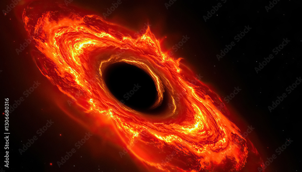 Poster artistic rendering of black hole surrounded by fiery accretion disk against backdrop of stars