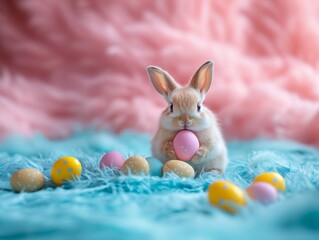 Easter bunny adorable rabbits with easter egg painting on fluffy blue knitting with elegant decoration background. Easter holiday concept.