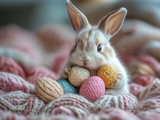 Easter bunny adorable rabbits with easter egg painting on fluffy blue knitting with elegant decoration background. Easter holiday concept.