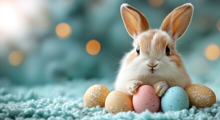 Easter bunny adorable rabbits with easter egg painting on fluffy blue knitting background. Easter holiday concept.