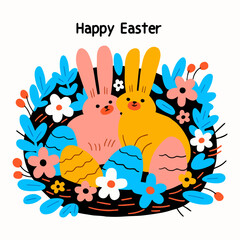 Easter greeting card with cute bunny and flowers. Vector illustration.
