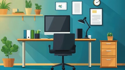 Well-Organized Home Office Setup with Plants and Natural Light Illustration