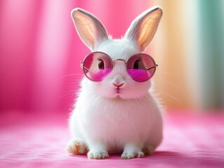 Cute funny bunny rabbit wearing fashion sunglasses on pink vibrant colorful background.
