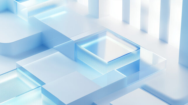 white empty room with blue windows, display space, glass acrylic material platform stage, white background, transparent science technology sense, abstract