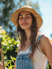 A smiling woman in a sunhat and overalls stands in a garden, holding a gardening tool.