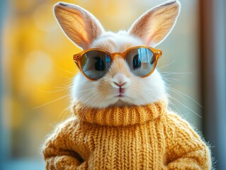 Cute funny bunny rabbit wearing fashion sunglasses and kniting shirt in spring floral colorful garden background.