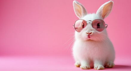 Cute funny bunny rabbit wearing fashion sunglasses on pink vibrant colorful background.