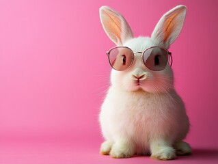 Cute funny bunny rabbit wearing fashion sunglasses on pink vibrant colorful background.
