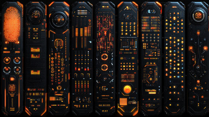 Futuristic control panels with glowing orange and black design, featuring intricate patterns and digital interfaces. retro futuristic style evokes sense of advanced technology and innovation